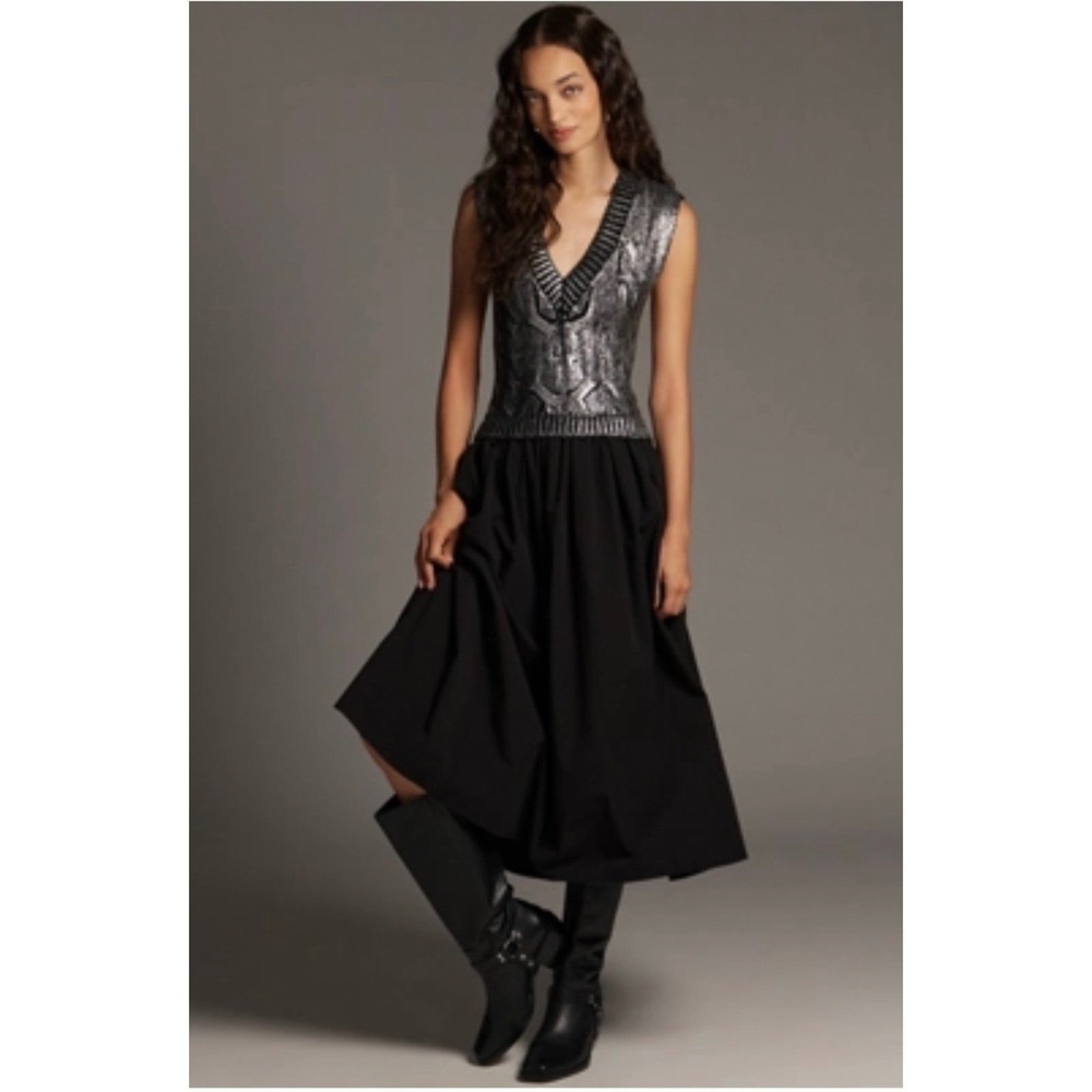 Anthropologie Pilcro Mixed Media Sweater Vest Midi Dress Silver Black Metallic M - Picture 5 of 10